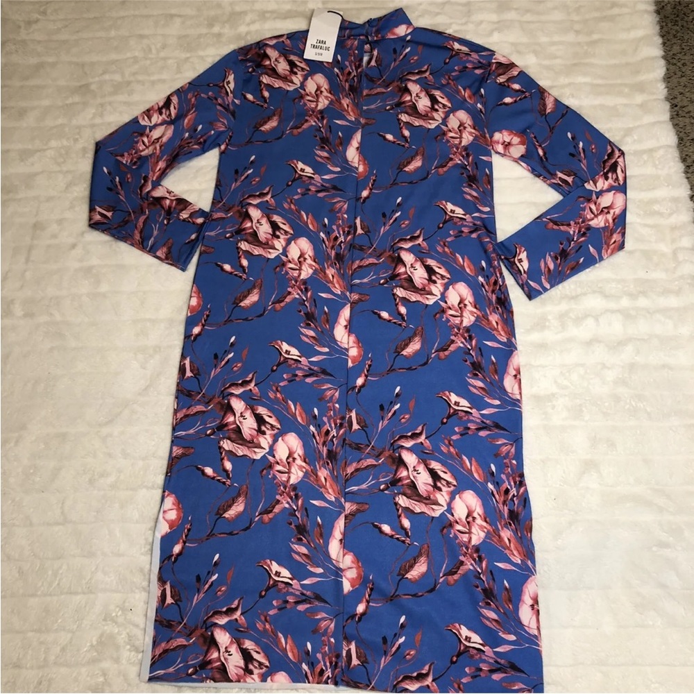 Women Zara Trafaluc NWT Blue Floral Long Dress Tunic Long Sleeve S - Picture 2 of 5